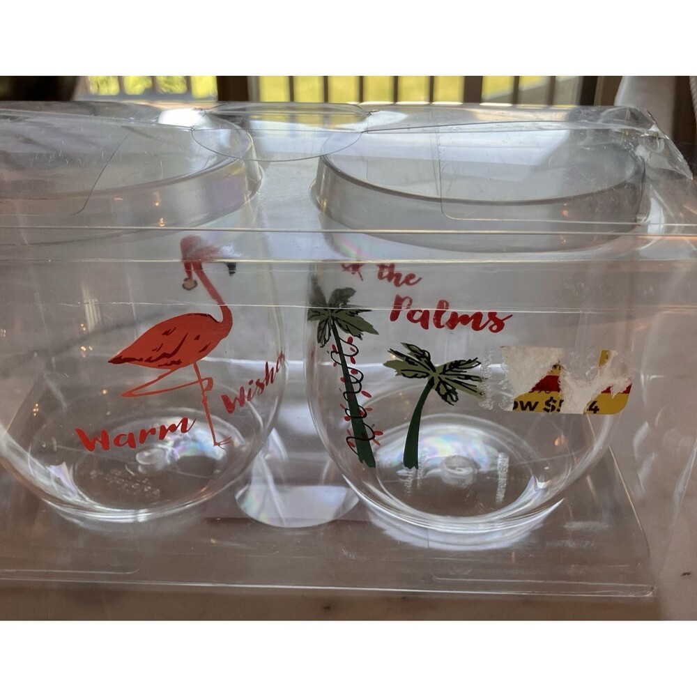NEW St. Nickolas Square Set of 2 Wine‎ Tumblers Christmas Palm Tree Flamingo